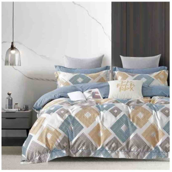 Set lenjerie de pat o persoana reversibila alb cu romburi si albastru 4 buc 155x205 cm 