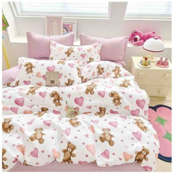 Set lenjerie de pat o persoana reversibila alb cu ursuleti si inimi si roz 4 buc 155x205 cm 