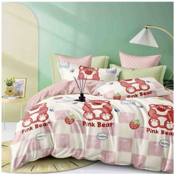 Set lenjerie de pat o persoana reversibila alb si roz in carouri si buline cu ursulet 4 buc 155x205 cm 