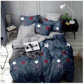 Set lenjerie de pat o persoana reversibila albastru cu stelute si gri in carouri 4 buc 155x205 cm 
