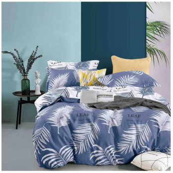 Set lenjerie de pat o persoana reversibila albastru inchis si deschis cu frunze 4 buc 155x205 cm 
