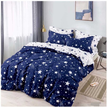 Set lenjerie de pat o persoana reversibila cu model albastru cu stelute si alb 4 buc 155x205 cm 