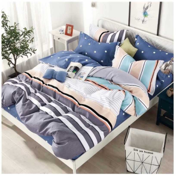Set lenjerie de pat o persoana reversibila cu model multicolor si albastru cu stelute 4 buc 155x205 cm 
