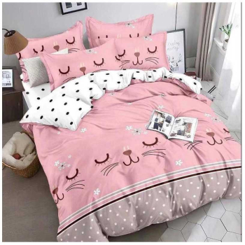 Set lenjerie de pat o persoana reversibila cu model roz de pisicuta si alb cu buline 4 buc 155x205 cm 