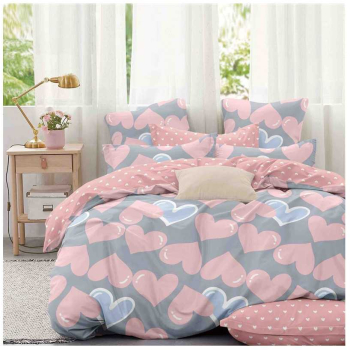Set lenjerie de pat o persoana reversibila gri cu inimioare si roz 4 buc 155x205 cm 