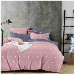 Set lenjerie de pat o persoana reversibila roz si gri cu stelute 4 buc 155x205 cm 