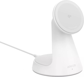 Incarcator wireless Anker MagGo Stand Qi2 360 15W pentru iPhone 16/15/14/13/12 Alb 