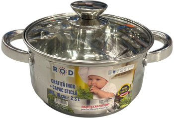 Cratita din inox cu capac capacitate 2.3 l diametru 18 cm fund dublu baza inductie 