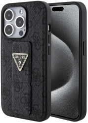 Husa pentru iPhone 15 Pro Max - Guess Grip Stand 4G Triangle Strass GUHCP15XPGS4TDK - Black 