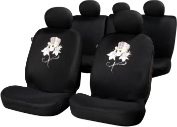 Set Huse Scaune Auto Fata/Spate 9 Piese Universale Culoare Negru Cusatura Neagra cu Model Rose & Skull 