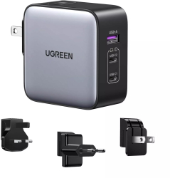 Incarcator de retea UGREEN 65W, 2x USB-C, 1x USB-A, cu priza SUA, UK, UE, Fast Charger, Gri 