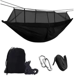 Hamac turistic din nylon cu plasa de tantari culoare neagra dimensiuni 260 cm x 140 cm 