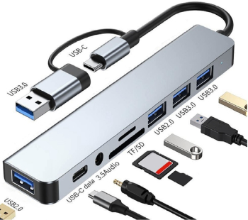 Hub USB-C 8-in-1 HOPE R multiport 2x USB3.0 tip A 2x USB2.0 tip A 1x USB3.0 tip C card reader SD/TF jack audio 3.5 mm 