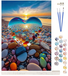 Set pictura pe numere Zola pentru copii si adulti model inima pe plaja din pietre colorate accesorii incluse panza 40 x 50 cm 