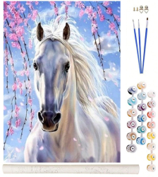 Set pictura pe numere Zola pentru copii si adulti peisaj primavara cal alb sub flori de cires accesorii incluse panza 40 x 50 cm 