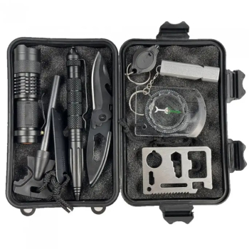 Kit Supravietuire 11 in 1 Busola Fluier Lanterna Cutit Amnar Pix Carabina Fierastrau Cutie Negru 