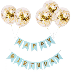 Set 5 baloane confetti auriu si banner Happy Birthday albastru deschis 