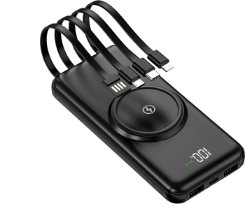 Power Bank OMEGA 18000 mAh cu cabluri Type C & Lightning si USB incorporate Display LED Negru 