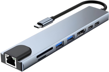 Hub USB-C 8 in 1 cu HDMI 4K USB 3.0 cititor SD/TF retea Ethernet Gigabit incarcare rapida PD 87W compatibil Windows/macOS 