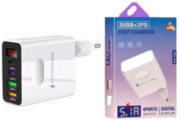 Incarcator Rapid Universal 45W cu 4 porturi si Afisaj Digital de culoare Alba compatibil cu Apple/Huwaei/Samsung/Xiaomi 