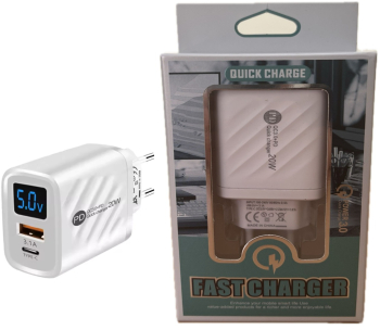 Incarcator Rapid USB-C si USB-A 20W de culoare alba Tehnologie QC3.0 si PD compatibil cu Apple/Huwaei/Xaomi/Samsung 