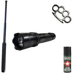 KIT autoaparare 2in1 Electrosoc+Lanterna Baston telescopic Police 50 cm + Spray Nato Paralizant + Box metalic Negru KlaussTech 