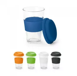 Pahar din sticla cu capac din silicon de calatorie 330 mL 