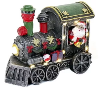 Decoratiune Craciun polirasina Mos Craciun in locomotiva impodobita LED 3xAA 18x9.2x14 cm Magic Home 