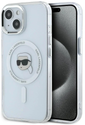 Husa pentru iPhone 15 Plus - Karl Lagerfeld IML MagSafe KLHMP15MHLSKIH - White Metal Karls Head 