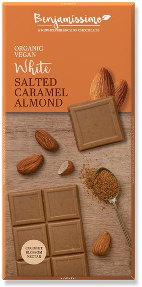 Ciocolata alba cu migdale si caramel sarat bio 70g Benjamissimo 