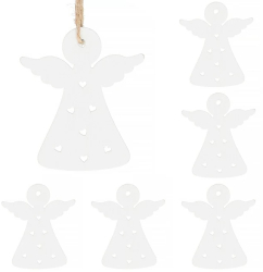 Set 6 ingerasi decorativi pentru brad 7 cm alb din lemn 