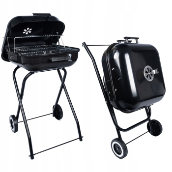 Gratar de gradina mobil pe lemne si carbuni Zola otel cromat capac cu reglare a temperaturii maner picioare pliabile roti 50 x 46.5 x 
