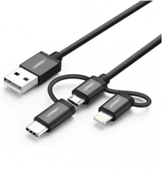 Cablu USB 2.0 A la Micro USB si Lightning+Tip C 3 in 1