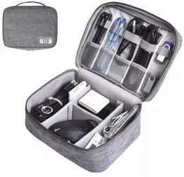 Geanta textila pentru depozitarea cablurilor castilor accesoriilor electronice Tecos® inchidere cu fermoar curele elastice si peret 