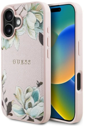 Husa pentru iPhone 16 - Guess Grained Flowers MagSafe GUHMP16SPGNMPLMP - Pink 