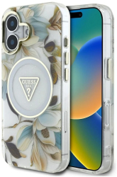 Husa pentru iPhone 16 - Guess IML Metal Glitter Flowers Triangle MagSafe GUHMP16SHFLPEDH - White 