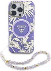 Husa pentru iPhone 16 Pro - Guess IML Palm Trees Triangle with Pearl Strap MagSafe GUHMP16LHPCTPLSU - Purple 