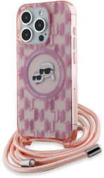 Husa pentru iPhone 15 Pro Max - Karl Lagerfeld IML Crossbody MagSafe KLHMP15XHCKCKLCP - Pink Monogram Karl&Choupette Head 