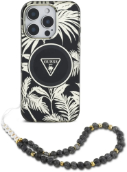 Husa pentru iPhone 16 Pro Max - Guess IML Palm Trees Triangle with Pearl Strap MagSafe GUHMP16XHPCTPLSK - Black 