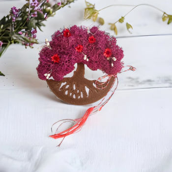 Magnet de frigider pomul vietii cu licheni si flori naturale uscate Fcsia Bronz 