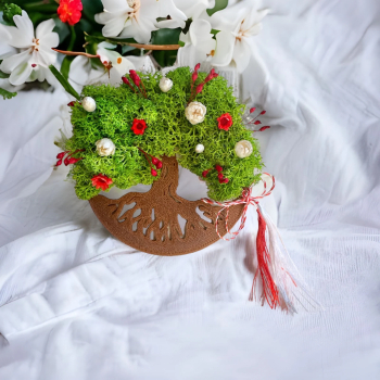 Magnet de frigider pomul vietii cu licheni si flori naturale uscate Verde deschis Bronz