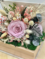 Aranjament floral personalizabil cu licheni trandafir si plante naturale criogenate si stabilizate in carte Multicolor 