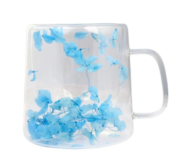 Cana cu flori albastre uscate pereti dubli sticla borosilicata 300 ml 