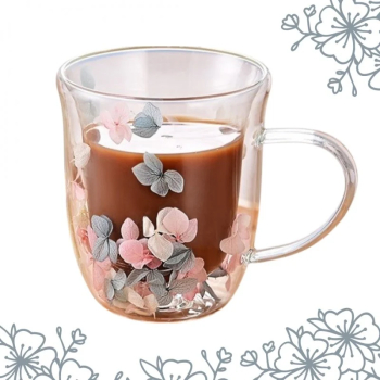 Cana cu flori uscate pereti dubli sticla borosilicata izolare termica hortensie 300 ml 