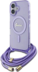 Husa pentru iPhone 16 - Guess IML Crossbody Cord Script MagSafe GUHMP16SHCTSGNSU - Purple 