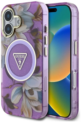 Husa pentru iPhone 16 - Guess IML Metal Glitter Flowers Triangle MagSafe GUHMP16SHFLPEDU - Purple 