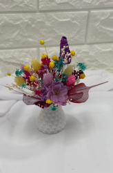 Marturie Martisor tip magnet de frigider cu floare de cires si plante naturale uscate - Multicolor Alb 