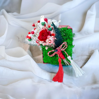 Mini aranjament floral in cutie cu flori criogenate si licheni Rosu 