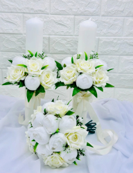Set buchet lumanari 40 cm cu trandafiri si bujori din matase 