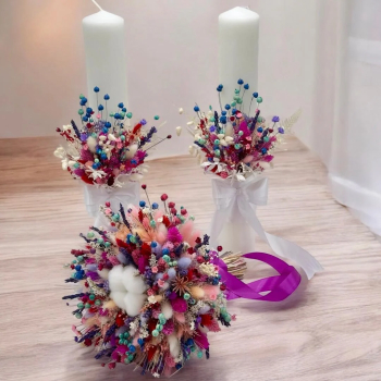 Set buchet si lumanari cu flori de bumbac si plante naturale uscate lumanari parafina - Multicolor 
